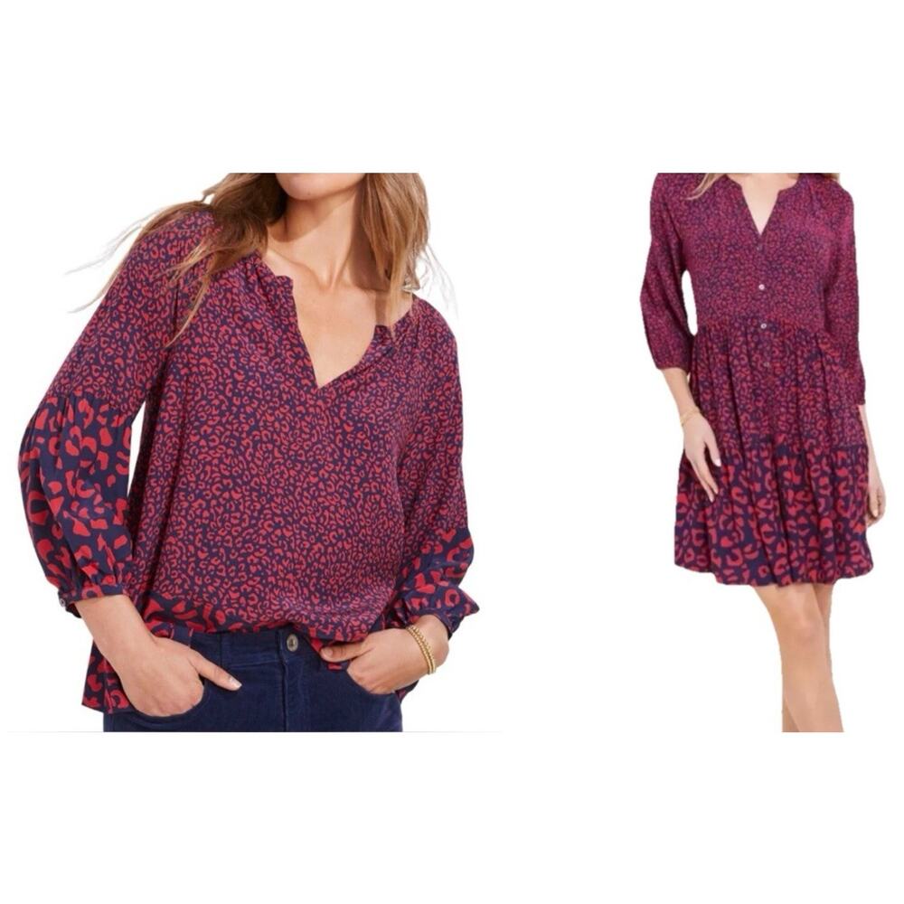 Vineyard Vines Coordinating Set: Leopard Tier Dress + Blouse - M Navy Red NWT